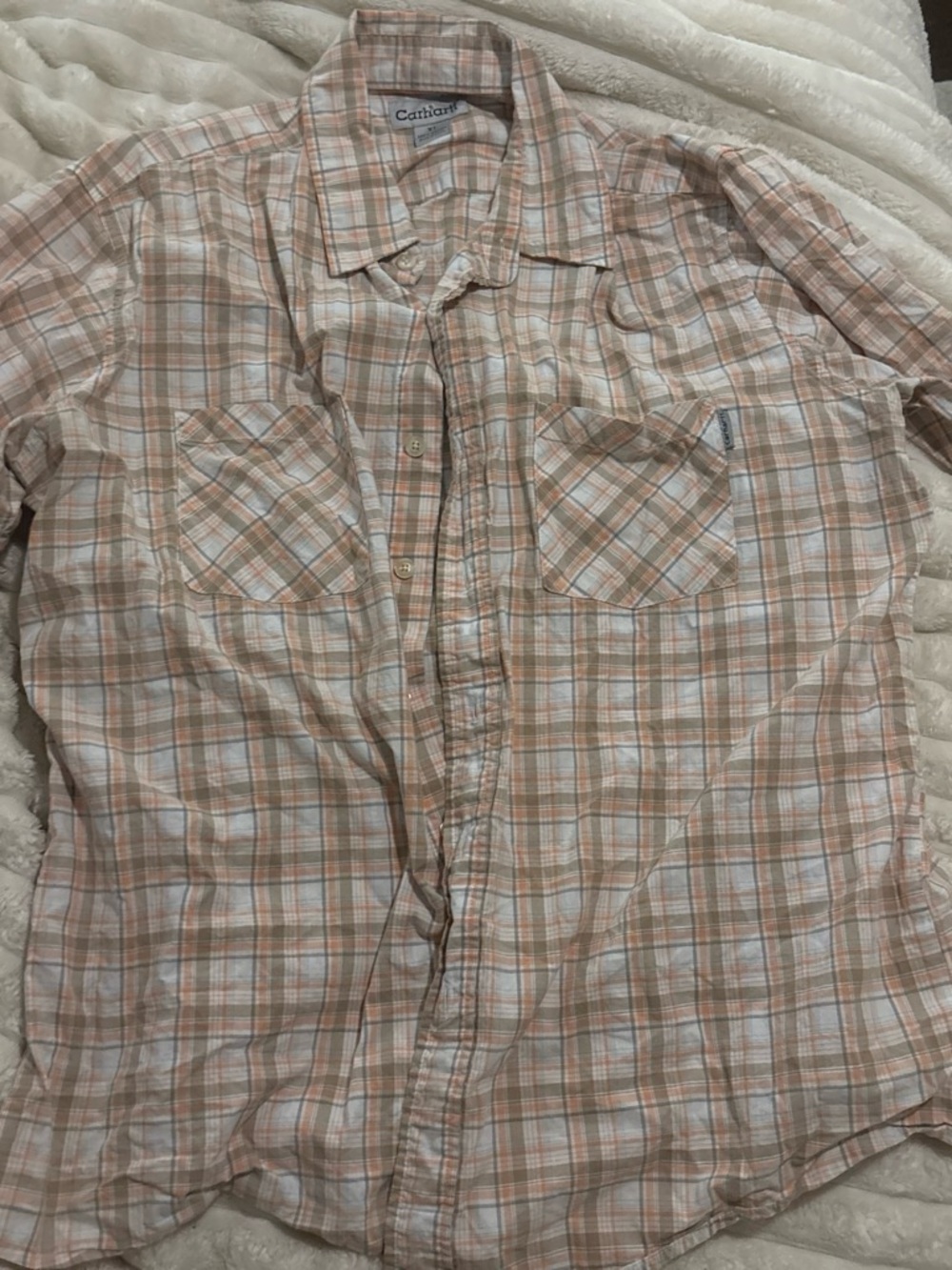 Carhartt Men's Peach and White Plaid Button-Down Shirt